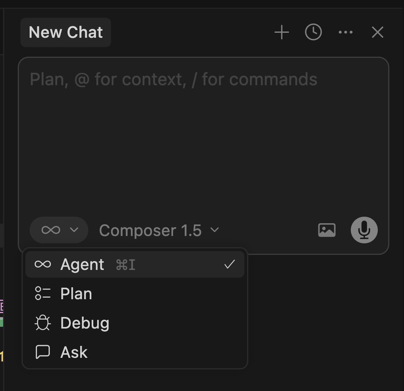 Cursorの4つのモード（Agent・Ask・Plan・Debug）の選択画面