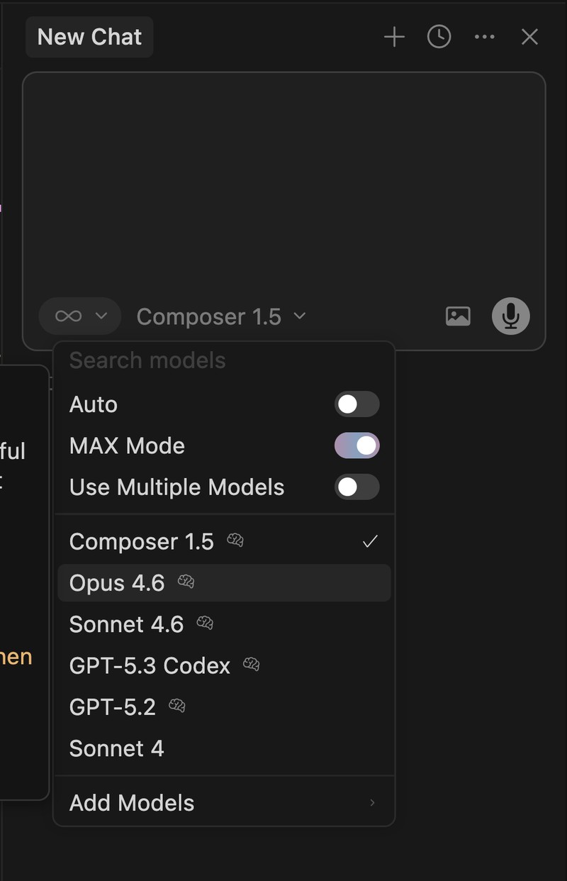 CursorのAIモデル切り替え画面