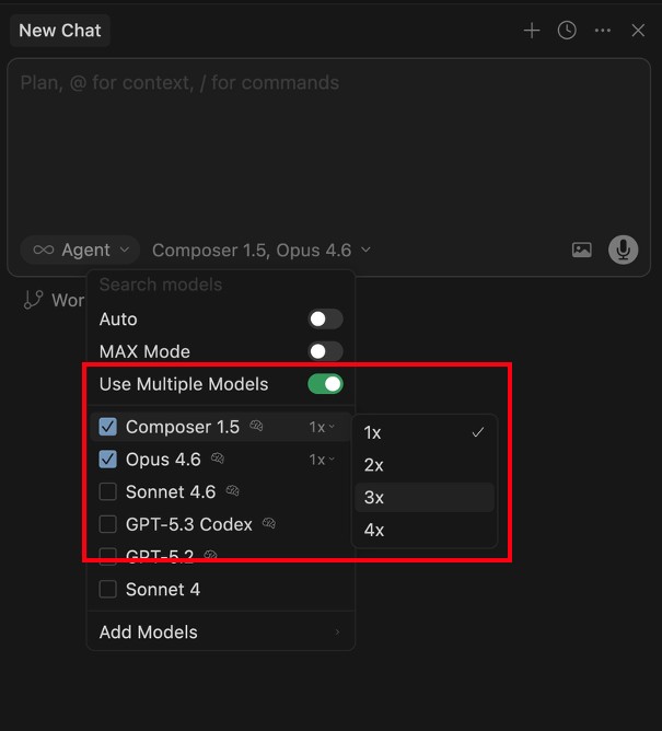 CursorのBest of N機能で複数モデルを同時実行する画面