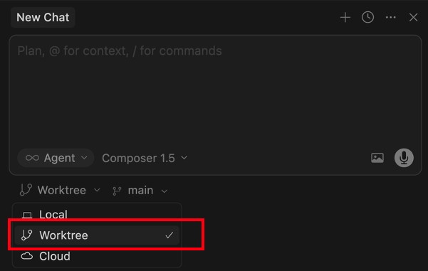 Cursorでgit worktreeを選択するプルダウンメニュー